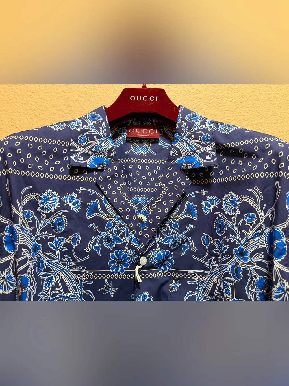 New Authentic Gucci Logo Button Up Floral Shirt Navy White Size IT 52 / US L